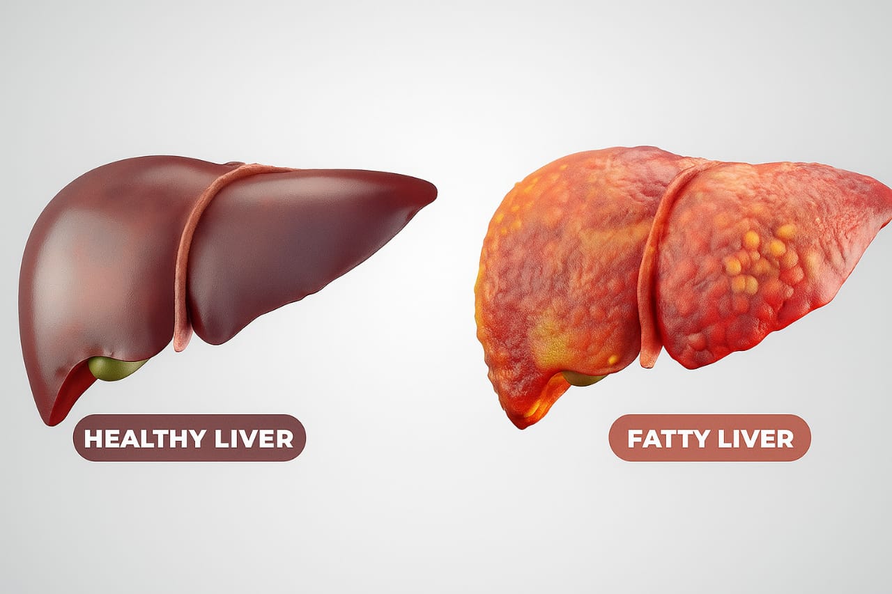 The image showing the difference between a healthy liver and a fatty liver