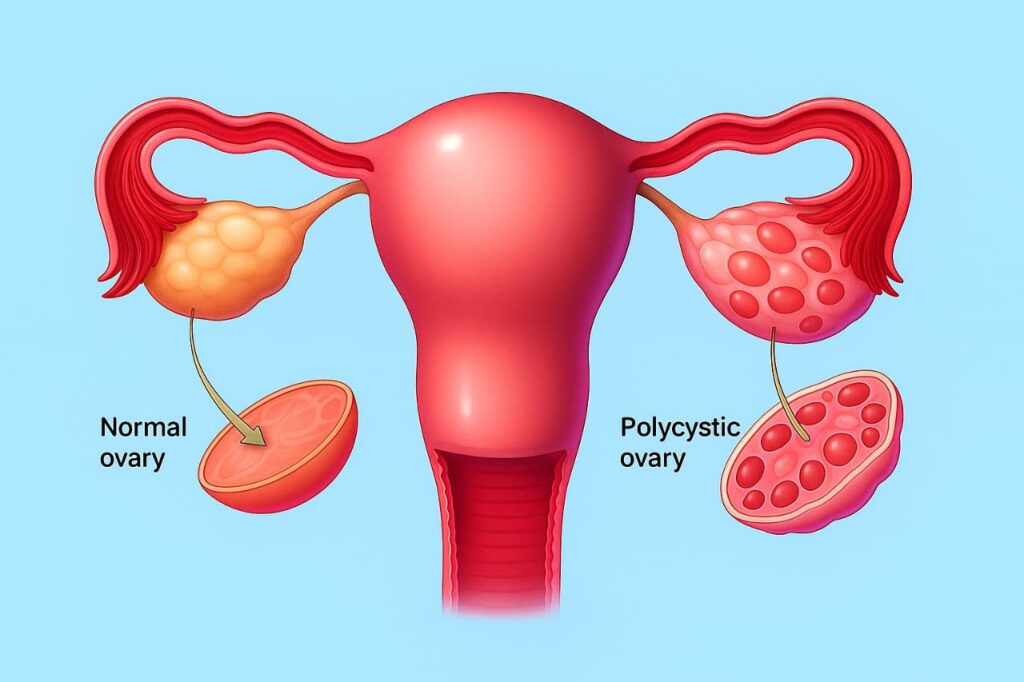 Diagram showing the difference between a healthy ovary and an ovary affected with PCOS/PCOD