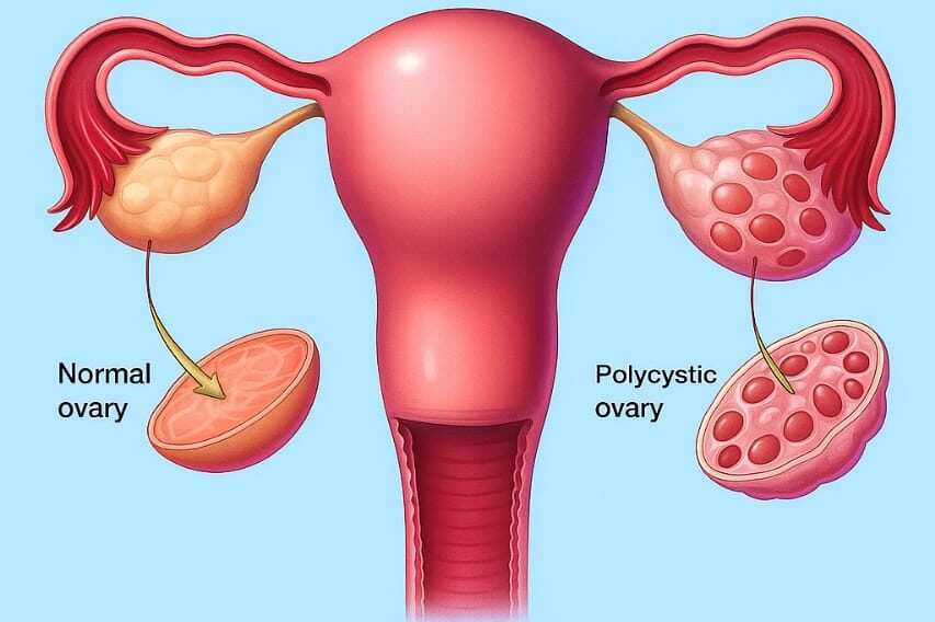 Diagram showing the difference between a healthy ovary and an ovary affected by PCOS