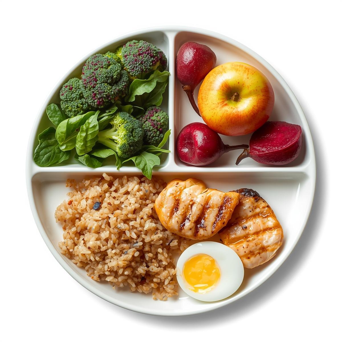 Healthy diabetic diet plan with a balanced meal of vegetables, grains, and lean proteins.