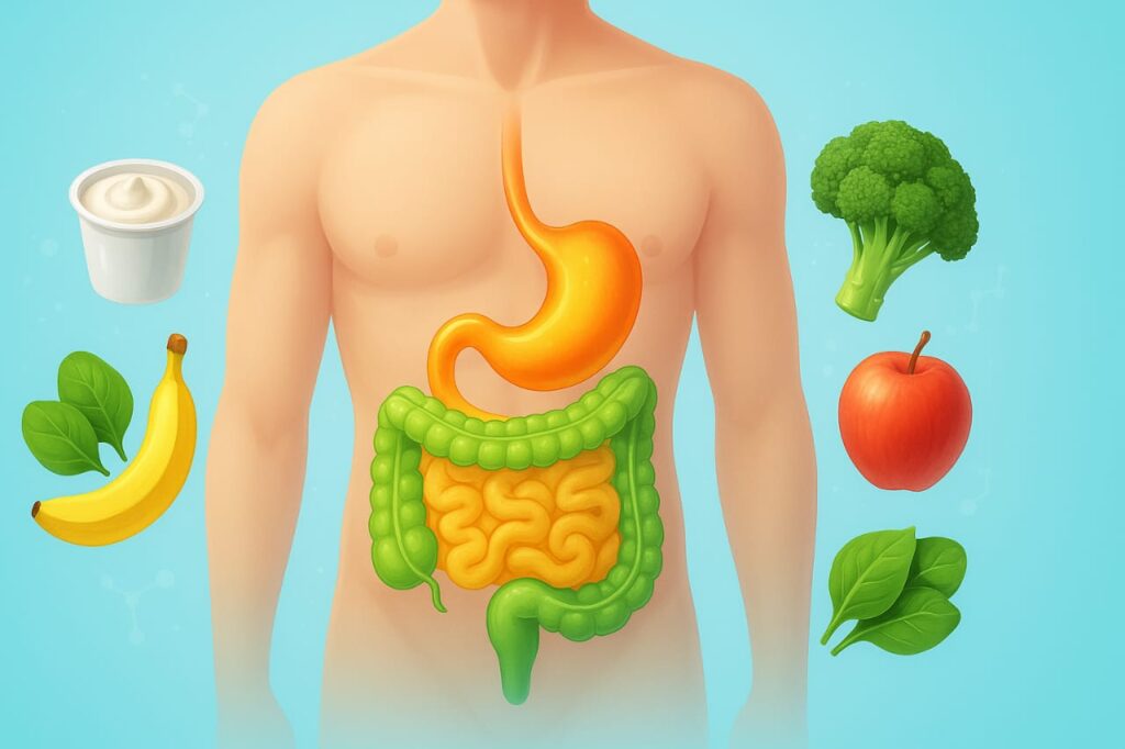 Healthy foods for gut health including yogurt, fruits, and leafy greens.