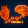 Illustration of heart and brain glowing through the chain of omega-3 fatty acids.