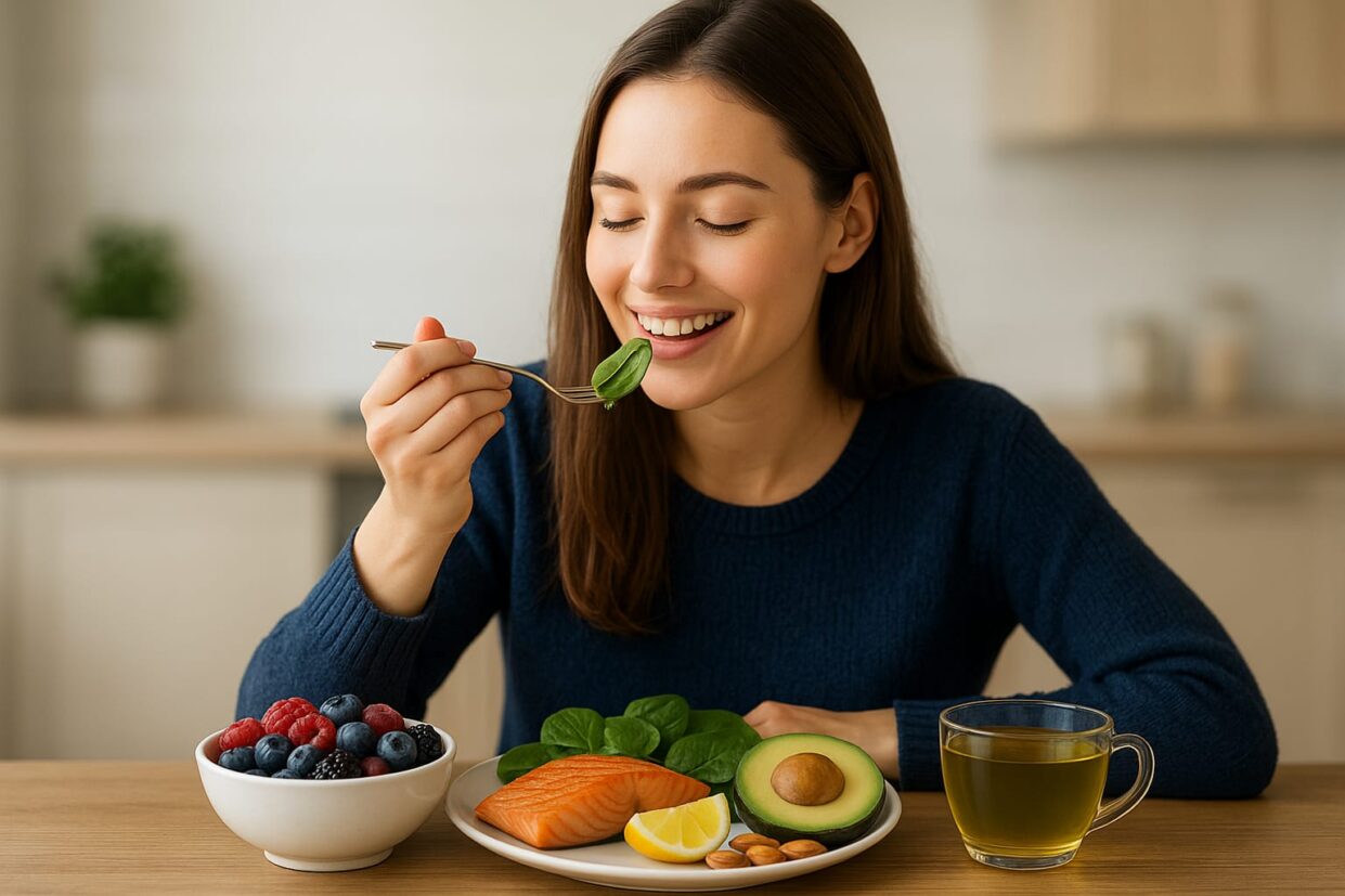 A woman eating anti-aging foods
