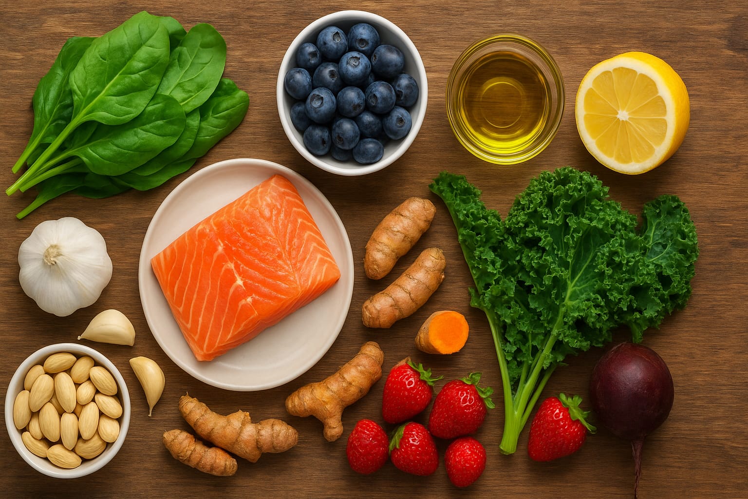 Image showing that various liver-boosting foods, including salmon, spinach, blueberries, turmeric, garlic, almonds, beetroot, lemons, and olive oil, are arranged neatly on a wooden table.