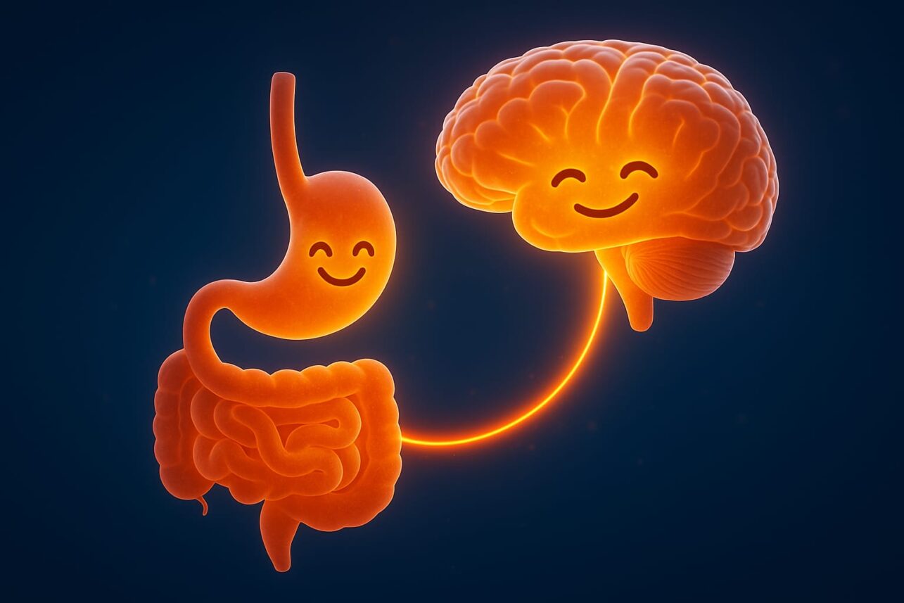 image shows the smiling gut and brain, symbolizing the strong gut-brain connection and the idea of “happy gut, happy mind”.