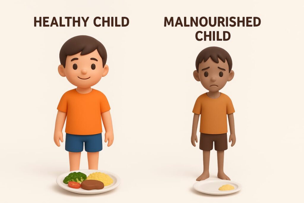 Image showing a healthy child and how the malnutrition in children affect their growth