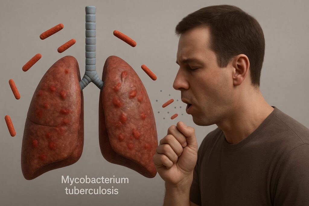Illustration of human lungs infected with TB disease showing inflammation, cough symptoms, and airborne transmission.