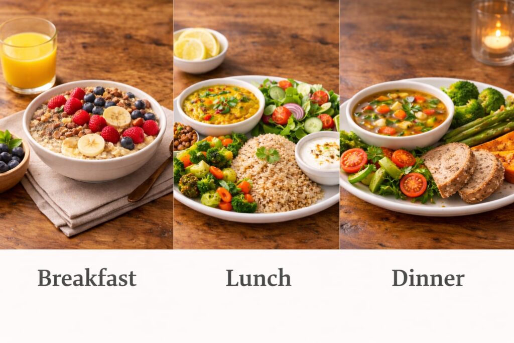Image showing an anti-inflammatory diet meal plan through out the day.
